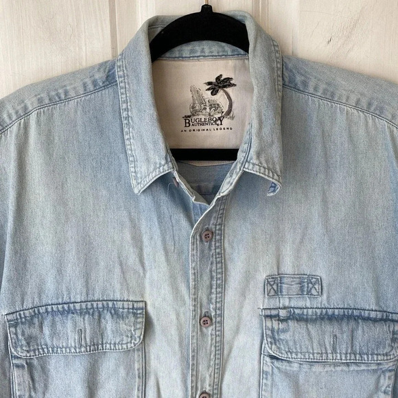 Y2K Bugleboy Original Legend Light Wash Blue Denim Button Up Shirt Men L Pocket - Picture 6 of 6